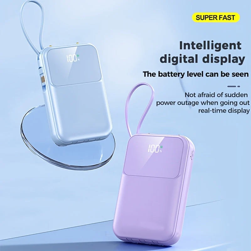 Bærbar Power Bank 10000mAh - Hurtigopladning med Integrerede Kabler