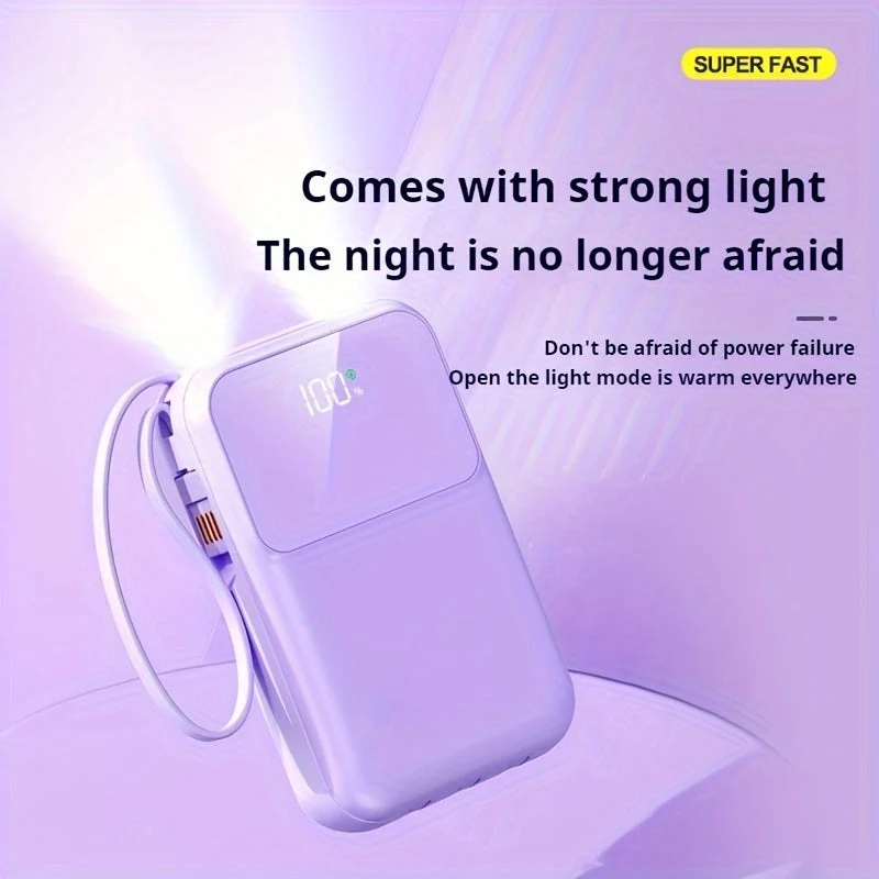 Bærbar Power Bank 10000mAh - Hurtigopladning med Integrerede Kabler