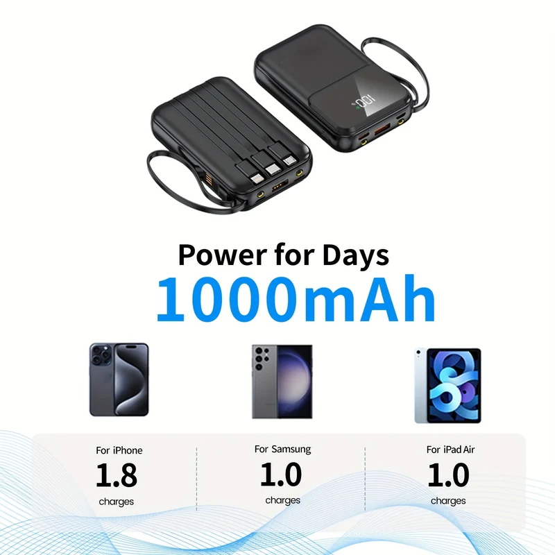 Bærbar Power Bank 10000mAh - Hurtigopladning med Integrerede Kabler