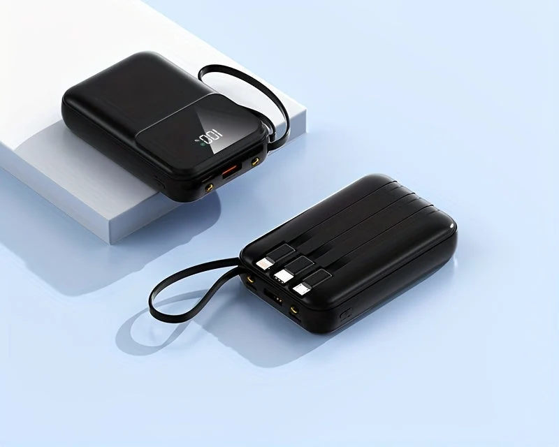 Bærbar Power Bank 10000mAh - Hurtigopladning med Integrerede Kabler