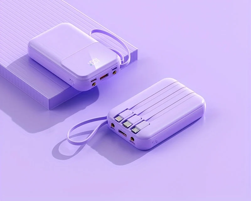 Bærbar Power Bank 10000mAh - Hurtigopladning med Integrerede Kabler