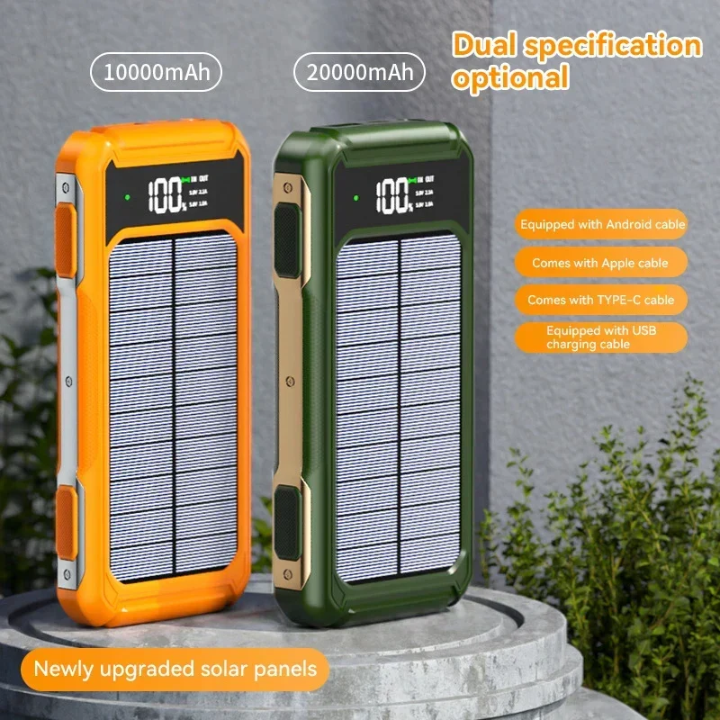 Solcelledrevet Powerbank med 20.000mAh Kapacitet | 4-i-1 Kabel | Nødbelysning