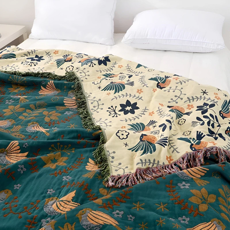 Reversibel bomuldsplaid med broderede fugle og blomster - Boho stil