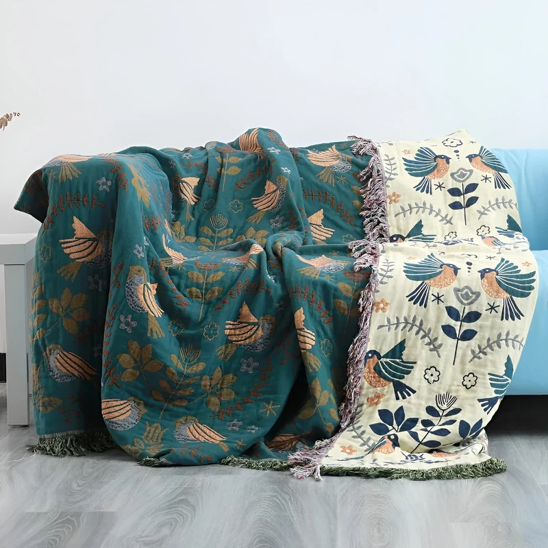Reversibel bomuldsplaid med broderede fugle og blomster - Boho stil