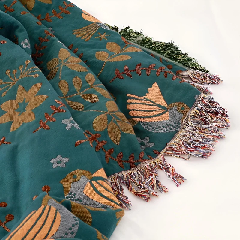 Reversibel bomuldsplaid med broderede fugle og blomster - Boho stil