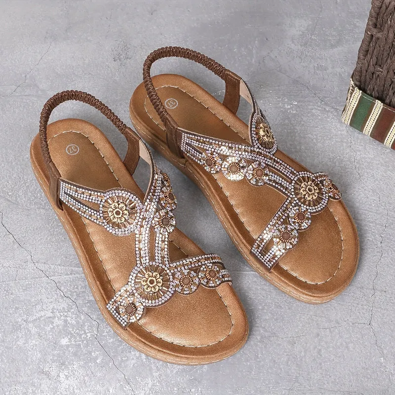 Boho-inspirerede flade sandaler med strass og elastisk bånd