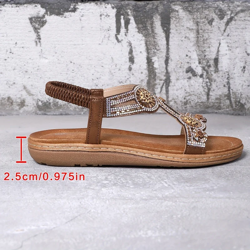 Boho-inspirerede flade sandaler med strass og elastisk bånd