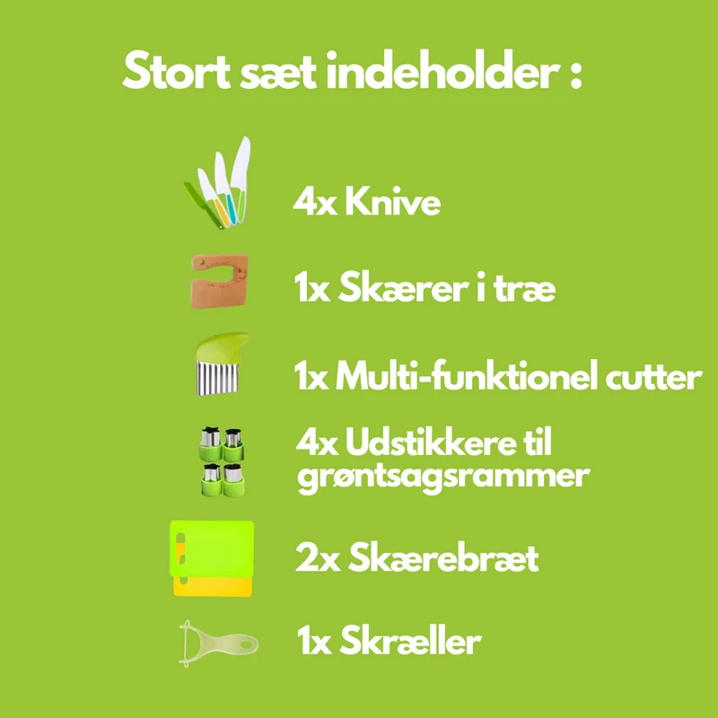 Sikkert køkken sæt til børn med legetøjsknive og skærebræt