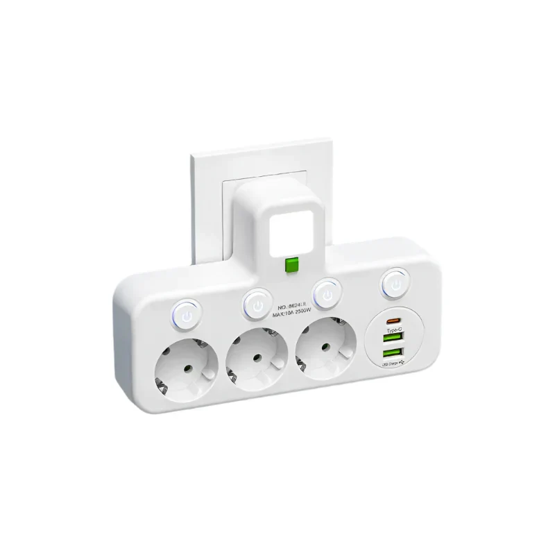 Strømskinne med 3-4 stik + 2× USB og 1× Type-C | 2500 W | Overstrømsbeskyttelse og kontrolafbryder