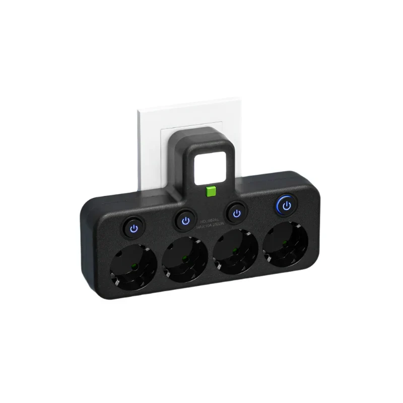 Strømskinne med 3-4 stik + 2× USB og 1× Type-C | 2500 W | Overstrømsbeskyttelse og kontrolafbryder