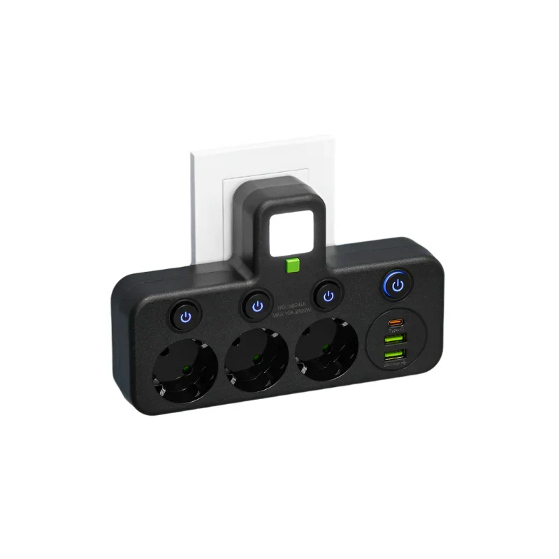 Strømskinne med 3-4 stik + 2× USB og 1× Type-C | 2500 W | Overstrømsbeskyttelse og kontrolafbryder