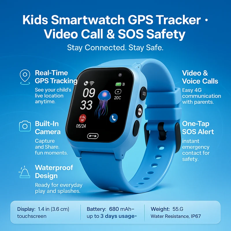 Smartwatch med GPS til børn | Vandafvisende 4G telefon med video og SOS