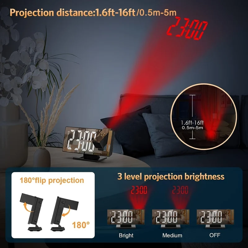 Vækkeur med justerbar 180° LED-projektion – Klar skærm og snooze-funktion til soveværelse eller kontor