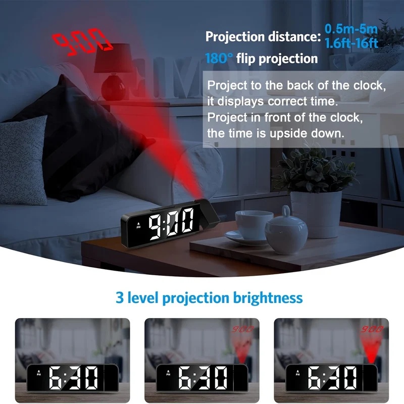 LED Vækkeur med Projektor – Viser Temperatur og Dato, USB Strømforsyning