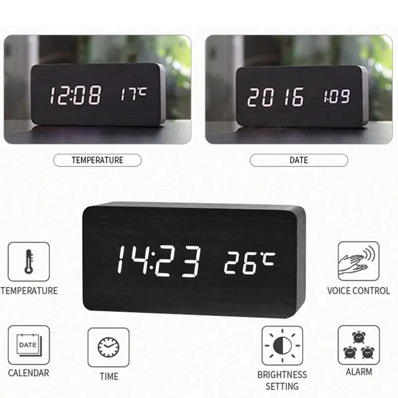 Digital Træ Vækkeur med Tre LED - Elegant med Temperaturvisning