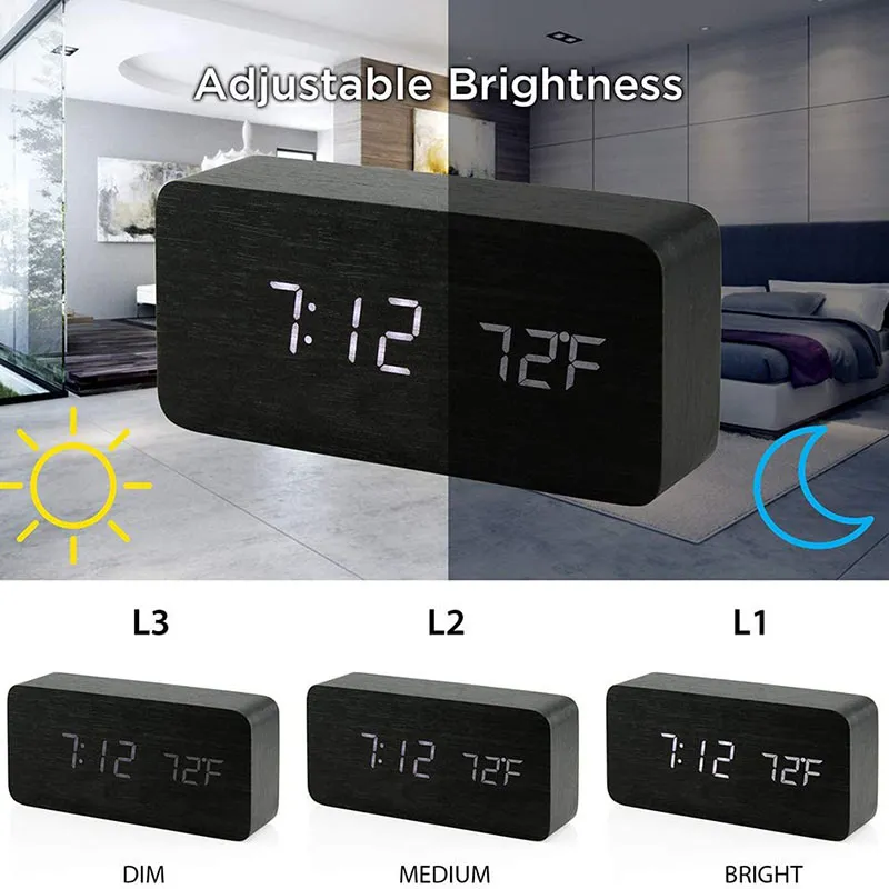 Digital Træ Vækkeur med Tre LED - Elegant med Temperaturvisning