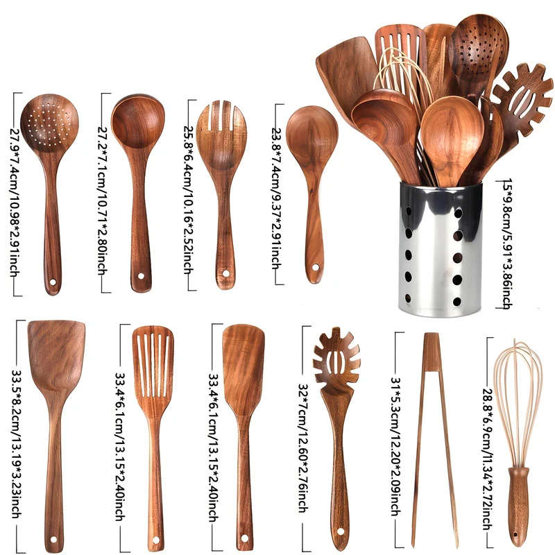 Elegant Sæt med 11 Teak Køkkenredskaber | Med Støtte