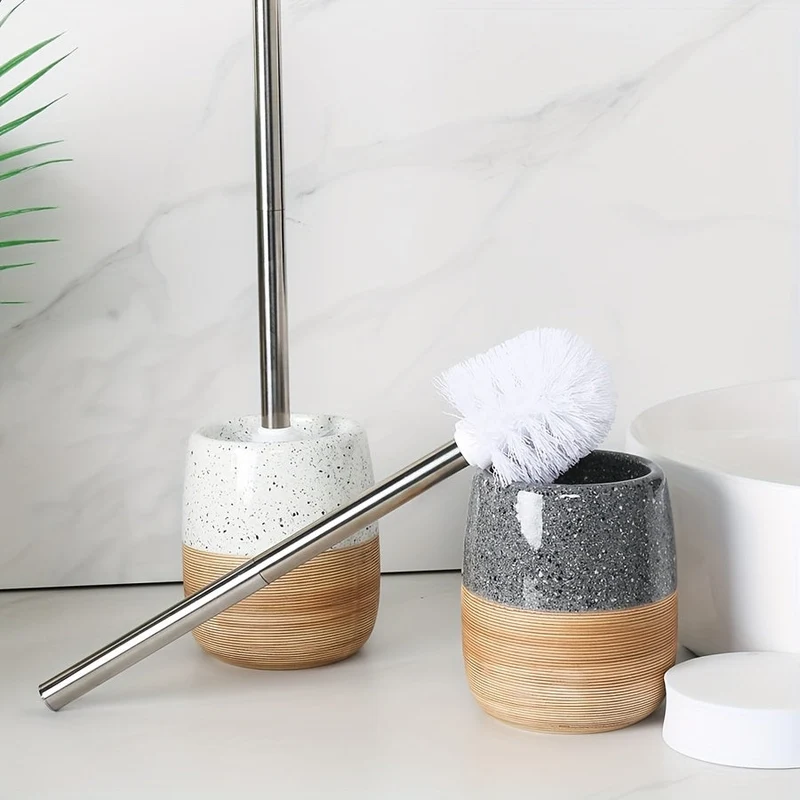 Elegant Toiletrensebørstesæt i Keramik med Trælook og Rustfrit Stål