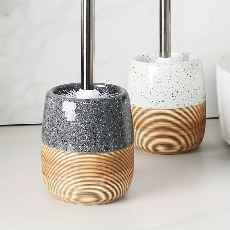 Elegant Toiletrensebørstesæt i Keramik med Trælook og Rustfrit Stål