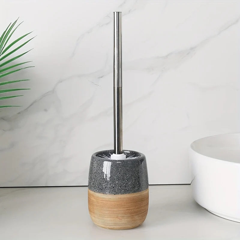 Elegant Toiletrensebørstesæt i Keramik med Trælook og Rustfrit Stål
