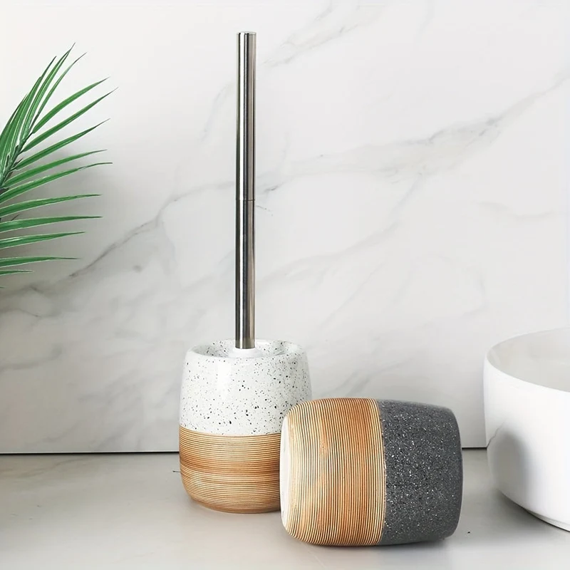Elegant Toiletrensebørstesæt i Keramik med Trælook og Rustfrit Stål