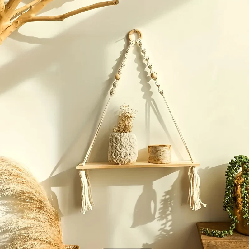 Boho Væghylde i Makramé – Håndlavet Træhylde med Snoredesign