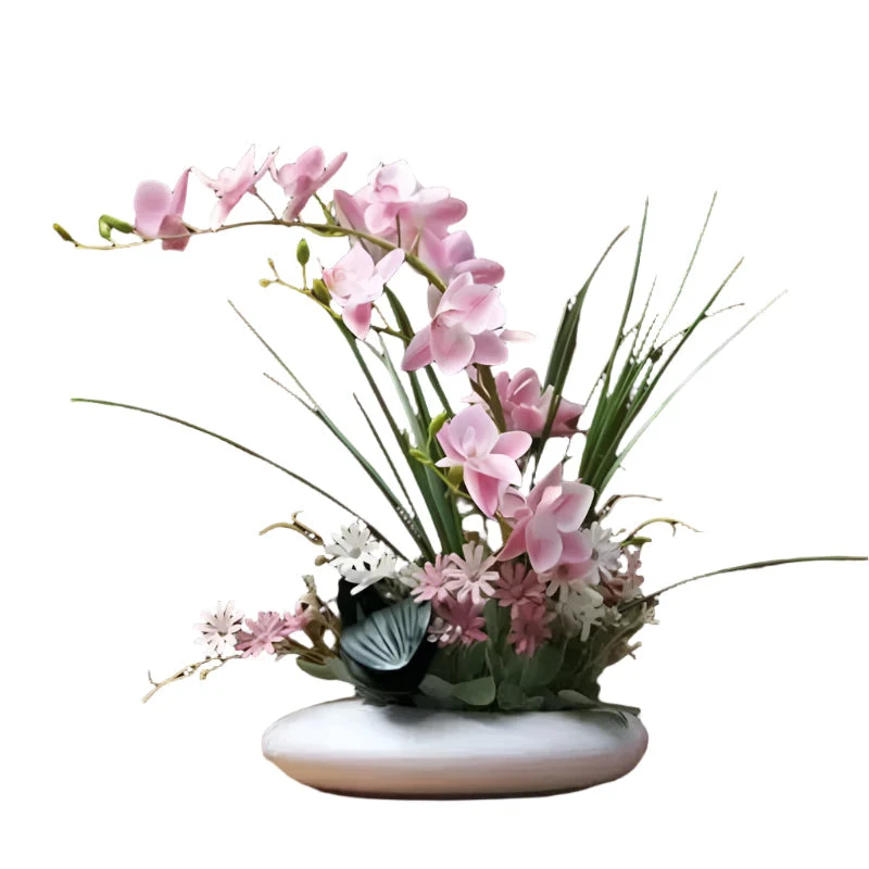 Moderne vase med kunstige orkideer - Realistisk blomsterarrangement