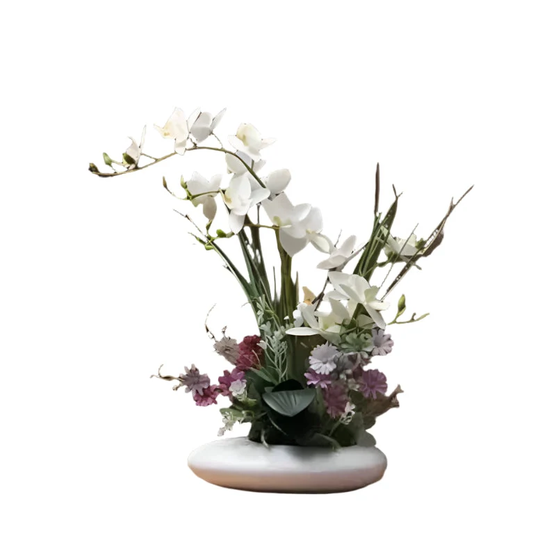 Moderne vase med kunstige orkideer - Realistisk blomsterarrangement