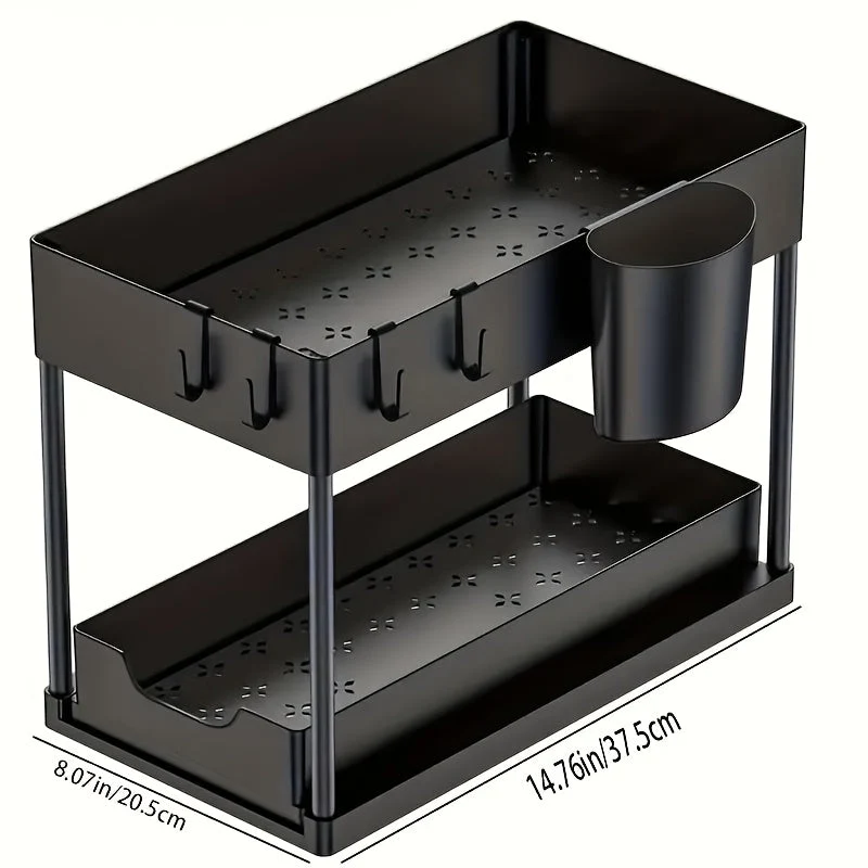 Stabil opbevaringssystem med 2 niveauer, kroge og skål til vask