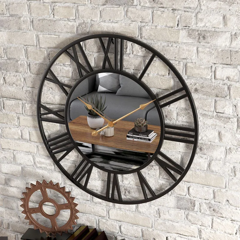 Stort Vintage Vægur i Metal med Spejl 39cm