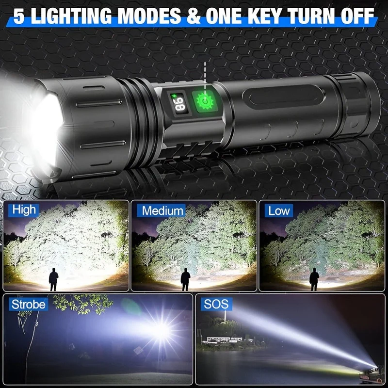 Genopladelig LED-lommelygte med 100.000 lumen og strømbank
