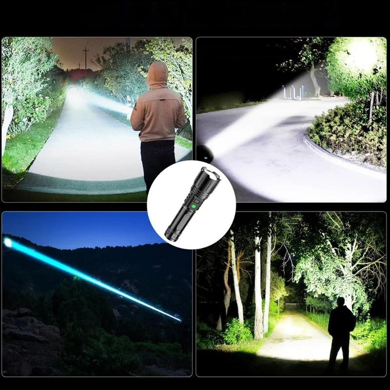 Genopladelig LED-lommelygte med 100.000 lumen og strømbank