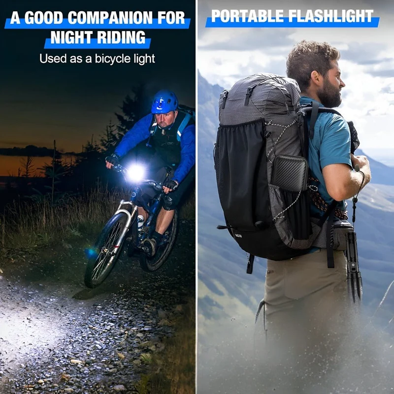 Genopladelig LED-lommelygte med 100.000 lumen og strømbank