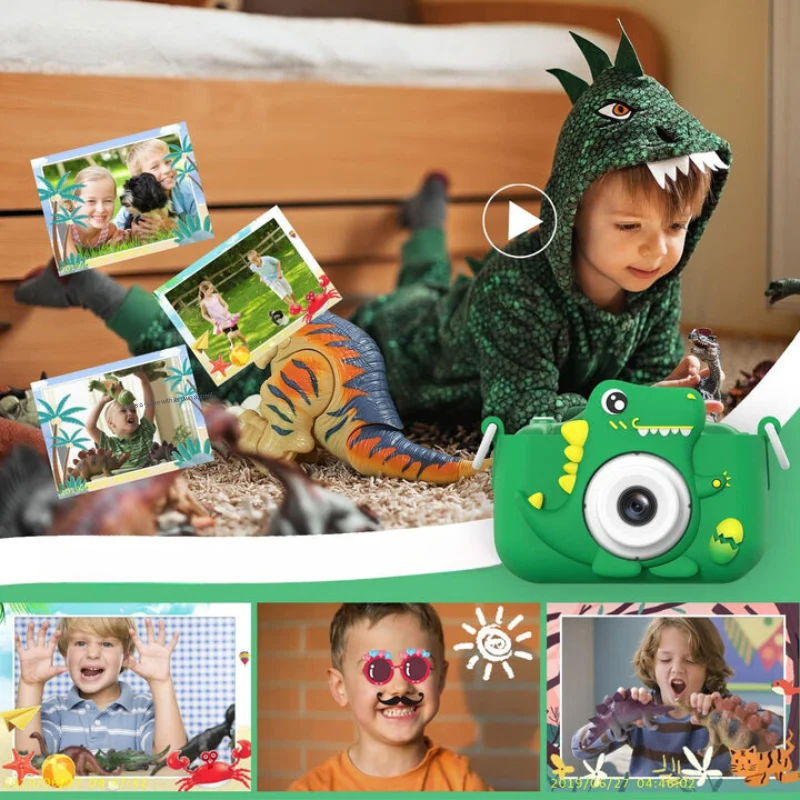 Digitalkamera til børn med HD-funktion og dinosauruss design til første fotoeventyr
