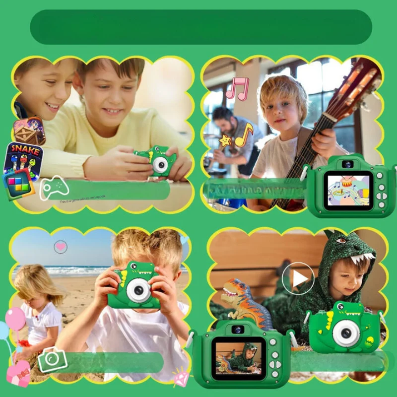 Digitalkamera til børn med HD-funktion og dinosauruss design til første fotoeventyr