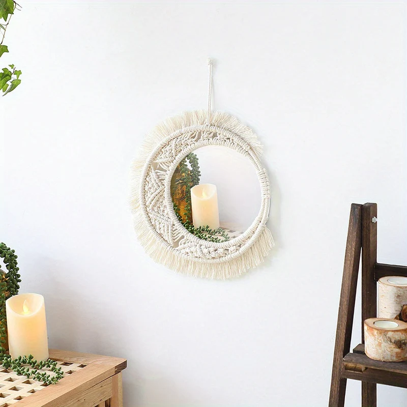 Rundt Væg Spejl med Macramé Frynser – En Boheme Accent til Dit Hjem