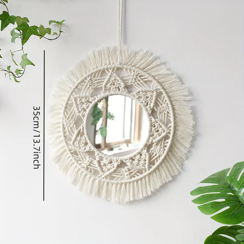 Rundt Væg Spejl med Macramé Frynser – En Boheme Accent til Dit Hjem