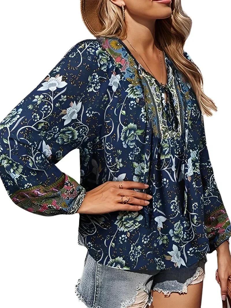 Vibrerende Boho-Bluse med Blomsterprint og Lange Ærmer