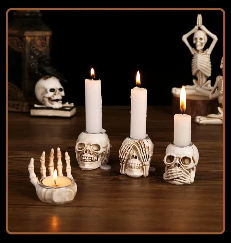 Elegante Skeletlysestage Sæt til Halloween - 3 Stk.