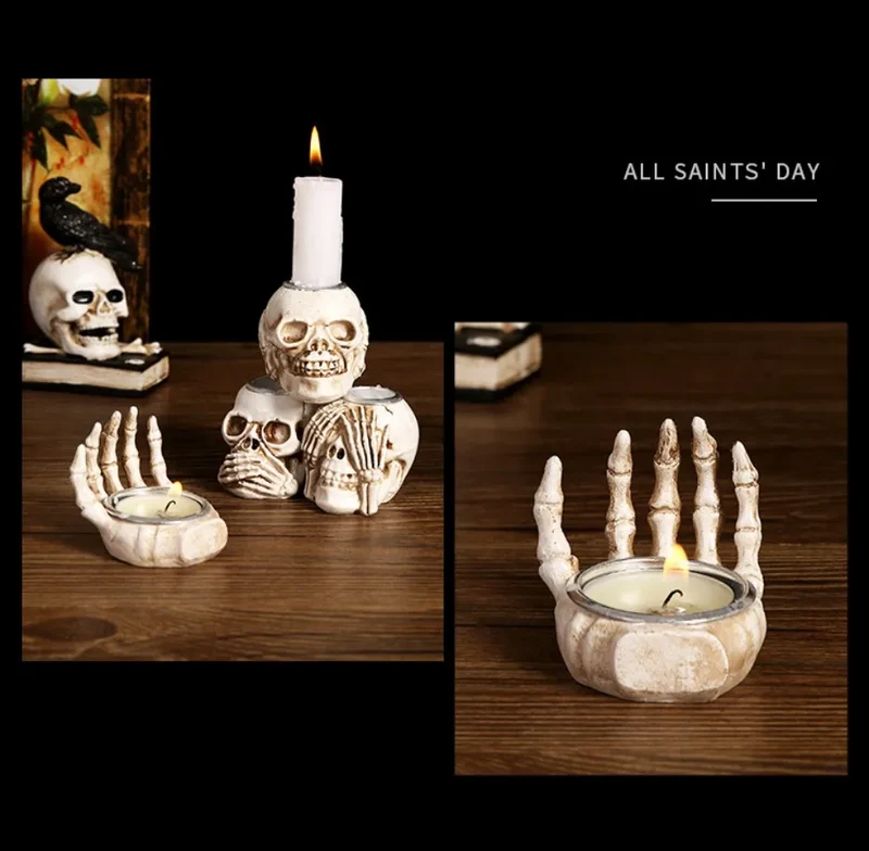 Elegante Skeletlysestage Sæt til Halloween - 3 Stk.