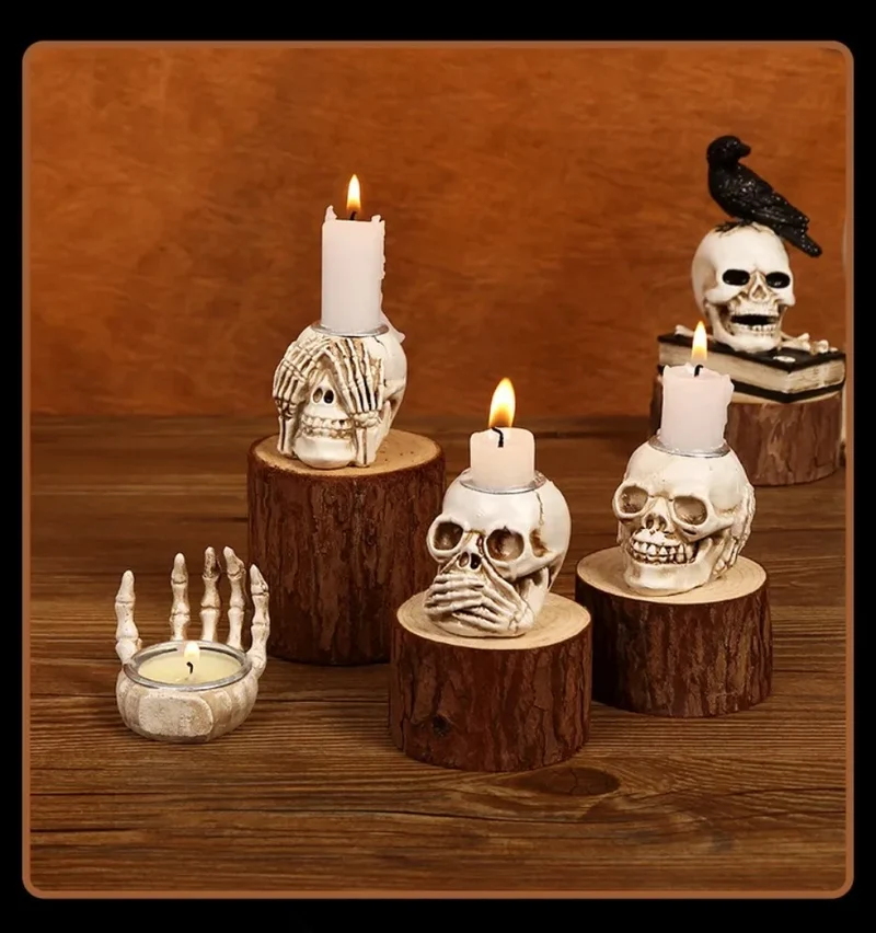 Elegante Skeletlysestage Sæt til Halloween - 3 Stk.