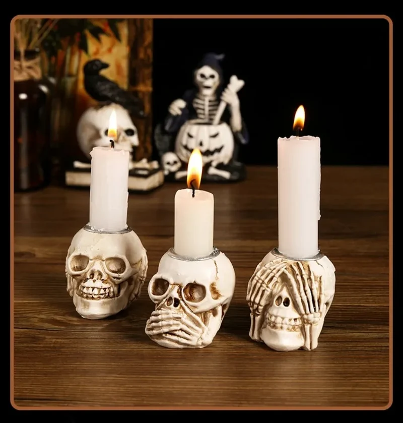 Elegante Skeletlysestage Sæt til Halloween - 3 Stk.