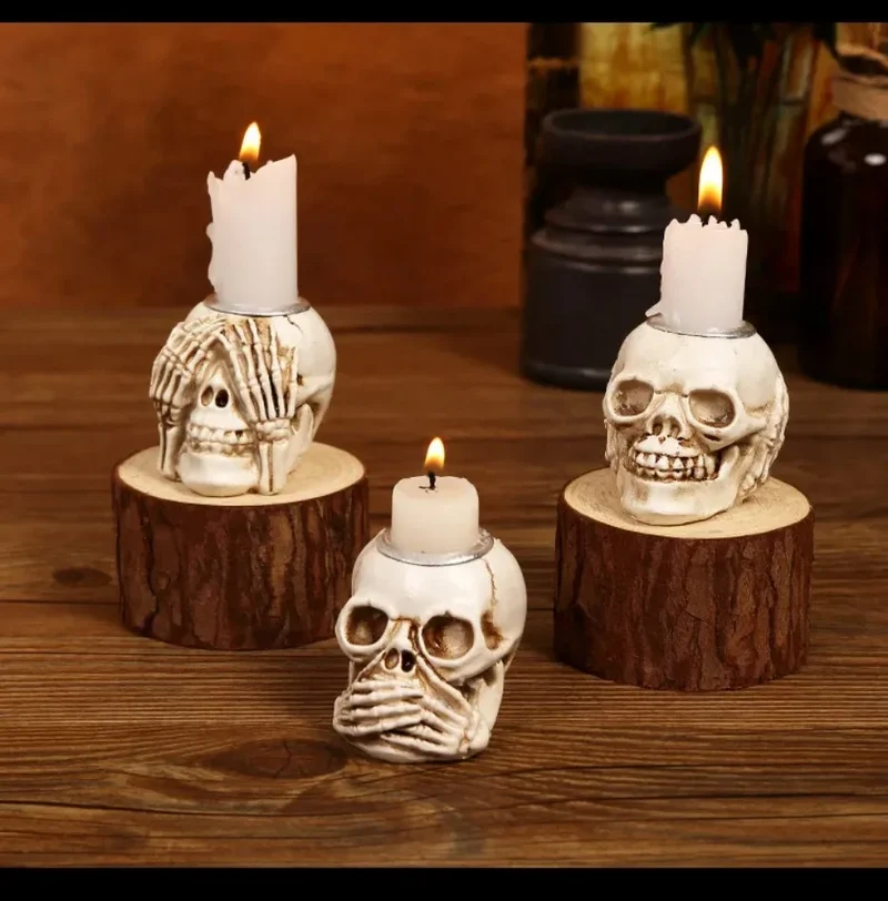 Elegante Skeletlysestage Sæt til Halloween - 3 Stk.