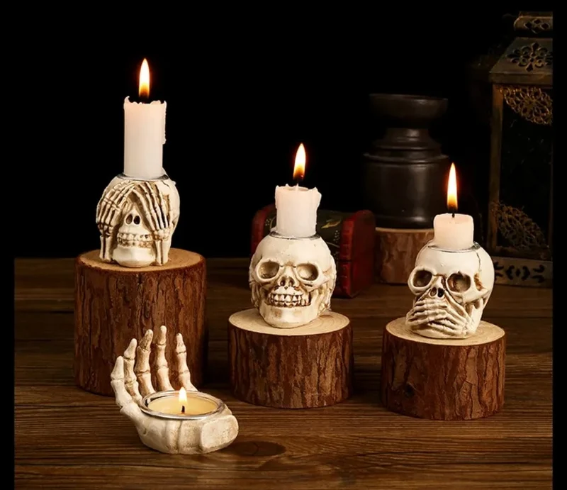 Elegante Skeletlysestage Sæt til Halloween - 3 Stk.