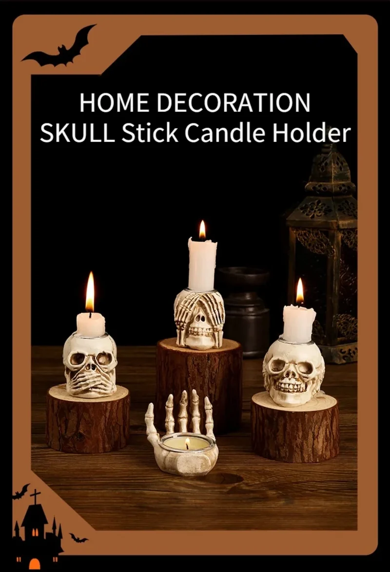 Elegante Skeletlysestage Sæt til Halloween - 3 Stk.
