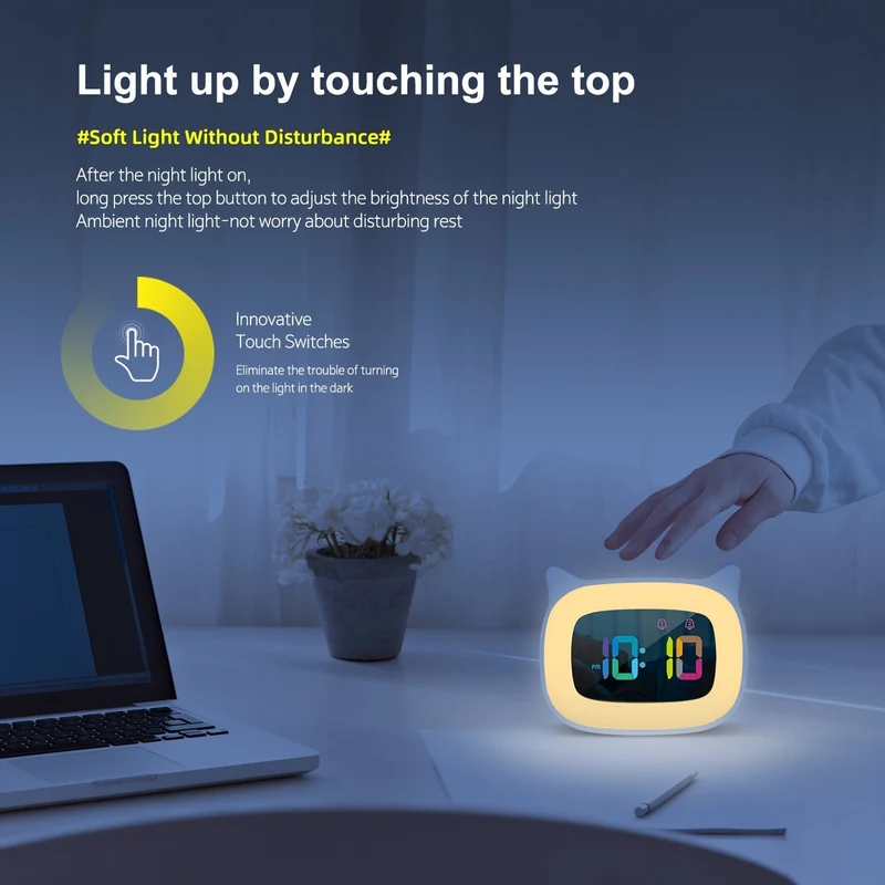 Sød Katteøre Vækkeur med RGB Nattelys og USB-Opladning