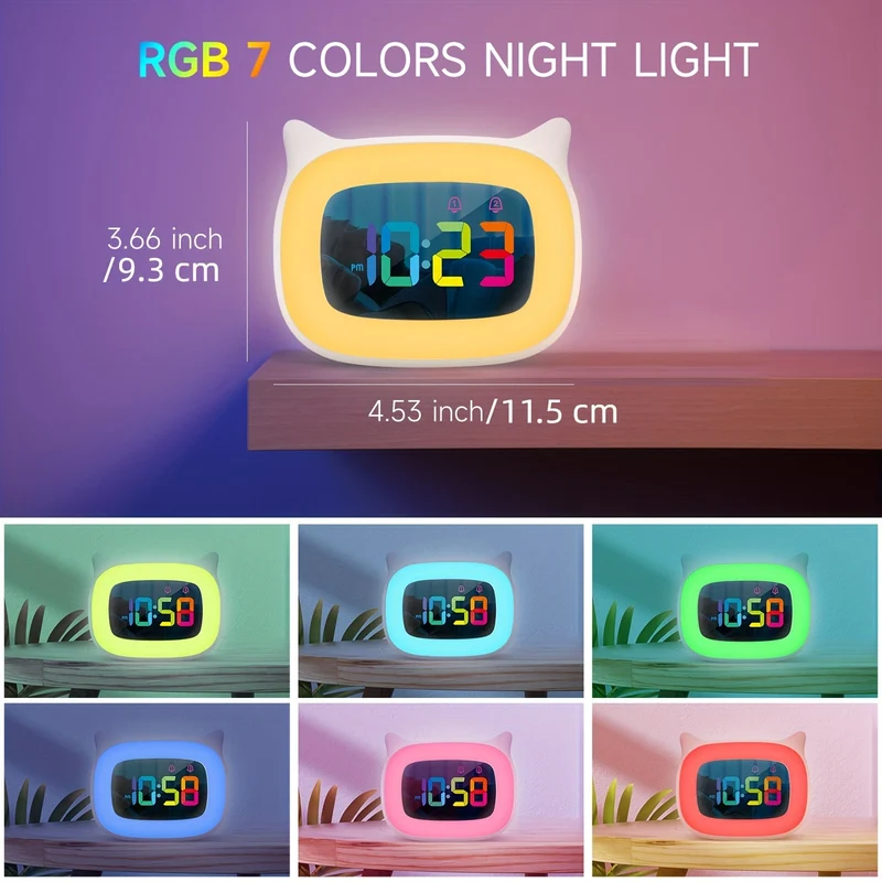 Sød Katteøre Vækkeur med RGB Nattelys og USB-Opladning