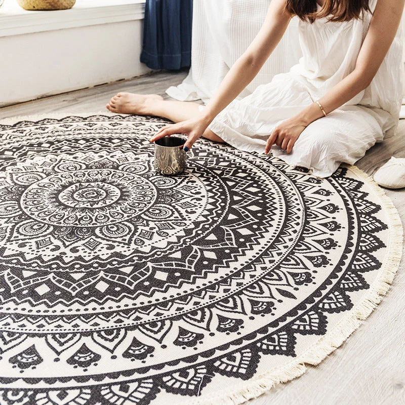 Rundt Boho Tæppe i Bomuld med Geometrisk Mønster
