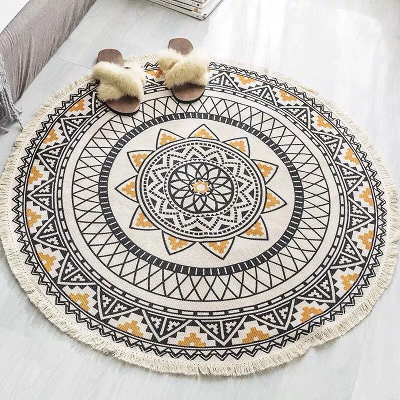 Rundt Boho Tæppe i Bomuld med Geometrisk Mønster