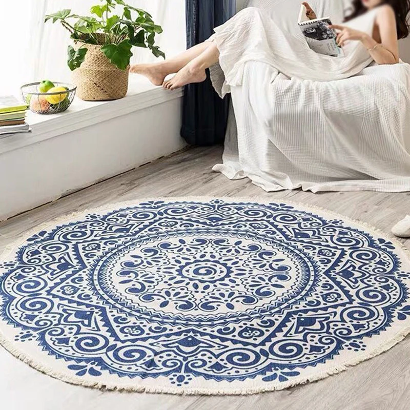 Rundt Boho Tæppe i Bomuld med Geometrisk Mønster